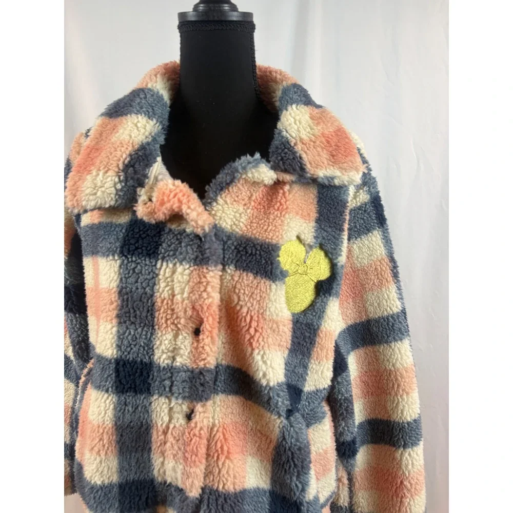Disney Mickey Mouse Plaid Sherpa Fleece Teddy Jacket Pink Navy XL - Picture 3 of 8